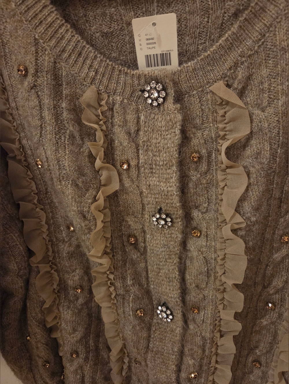 Maeve Short-sleeved Embellished Ruffled Cardigan Sweater - TAUPE - Picture 2 of 7